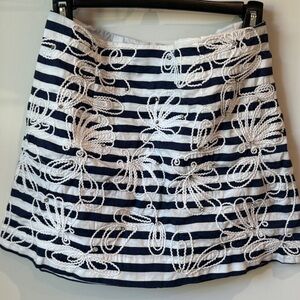 Lilly Pulitzer TATE Navy White Striped Skirt Floral Rhinestones Embroidered Sz 4